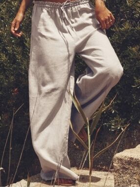 Zara Gray Linen Palazzo Wide Leg Pants Drawstring Beaded Waist